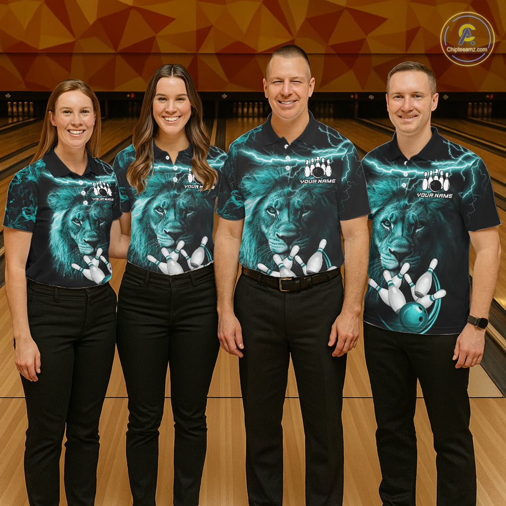 Personalized Turquoise Lightning Thunder Lion Bowling Shirts For Women Custom Bowling Team Jerseys TDM7221
