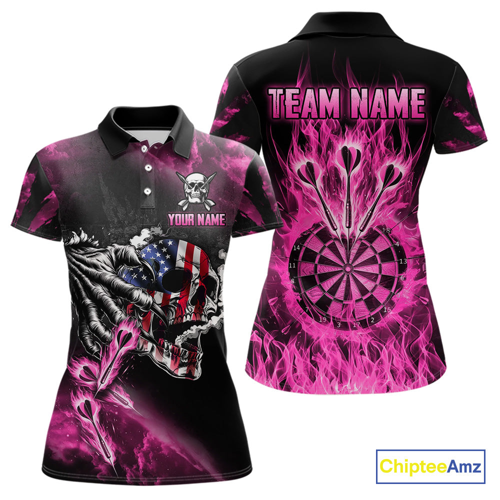 Fire Flame Darts Board American Flag Skull Dart Shirts For Women Custom Darts Team Jerseys |Pink TDM4774
