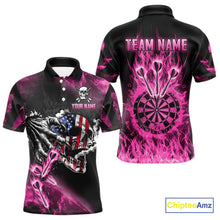 Load image into Gallery viewer, Fire Flame Darts Board American Flag Skull Dart Shirts For Men Custom Darts Team Jerseys |Pink TDM4774