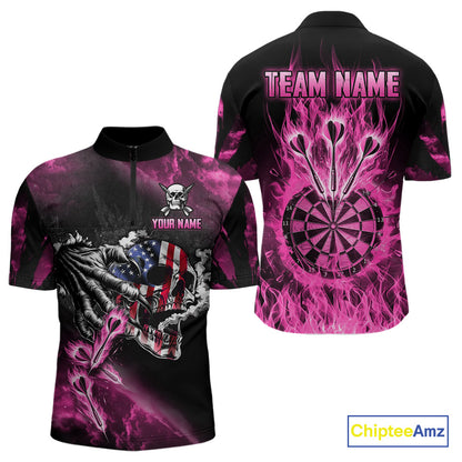 Fire Flame Darts Board American Flag Skull Dart Shirts For Men Custom Darts Team Jerseys |Pink TDM4774