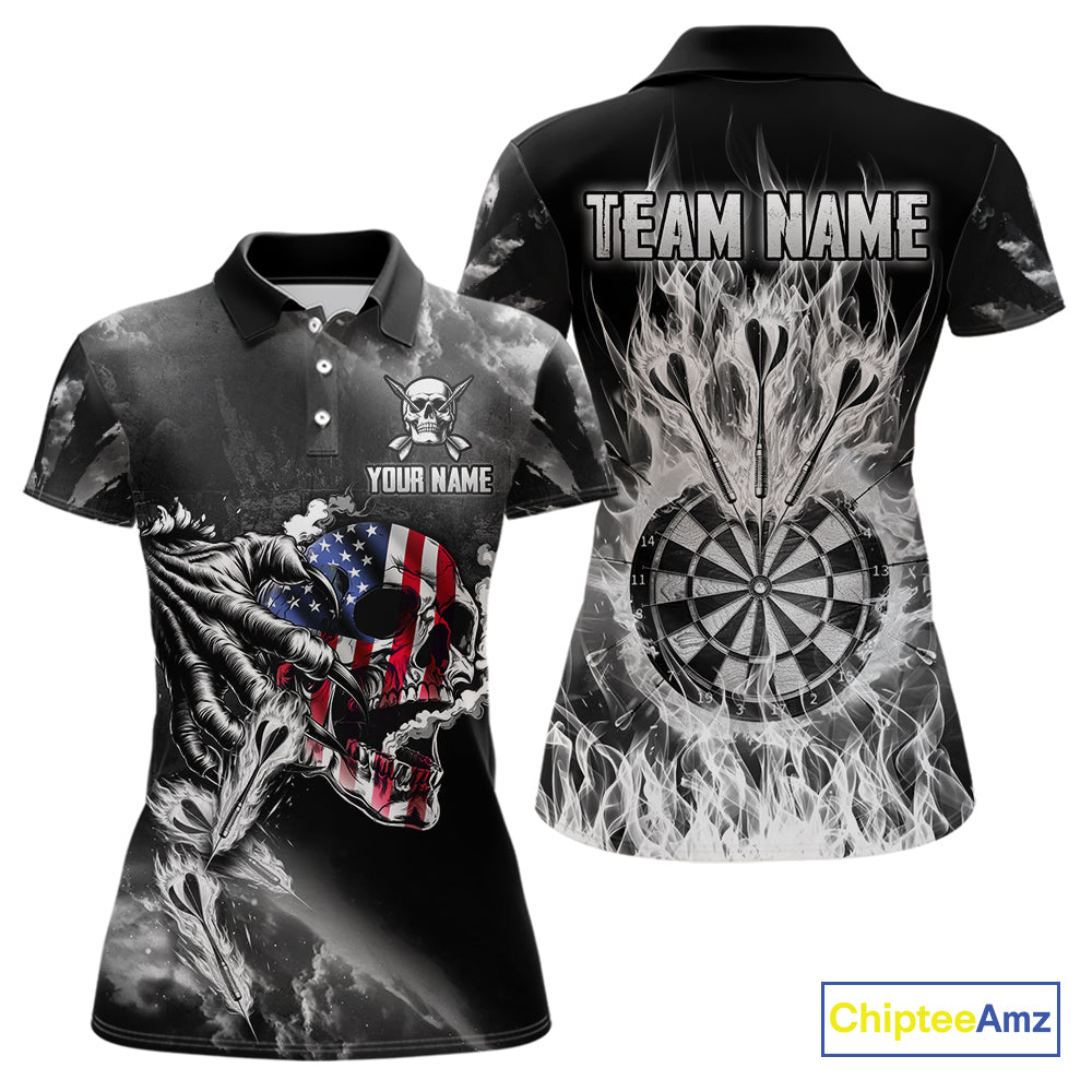 Fire Flame Darts Board American Flag Skull Dart Shirts For Women Custom Darts Team Jerseys |Grey TDM4775