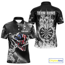 Load image into Gallery viewer, Fire Flame Darts Board American Flag Skull Dart Shirts For Men Custom Darts Team Jerseys |Grey TDM4775
