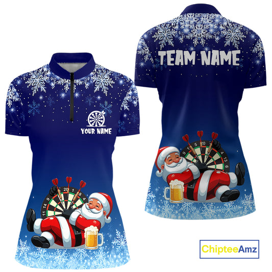 Funny Santa Blue Christmas Darts Shirt For Women Custom Snowflake Xmas Darts Jersey Gifts TDM5190