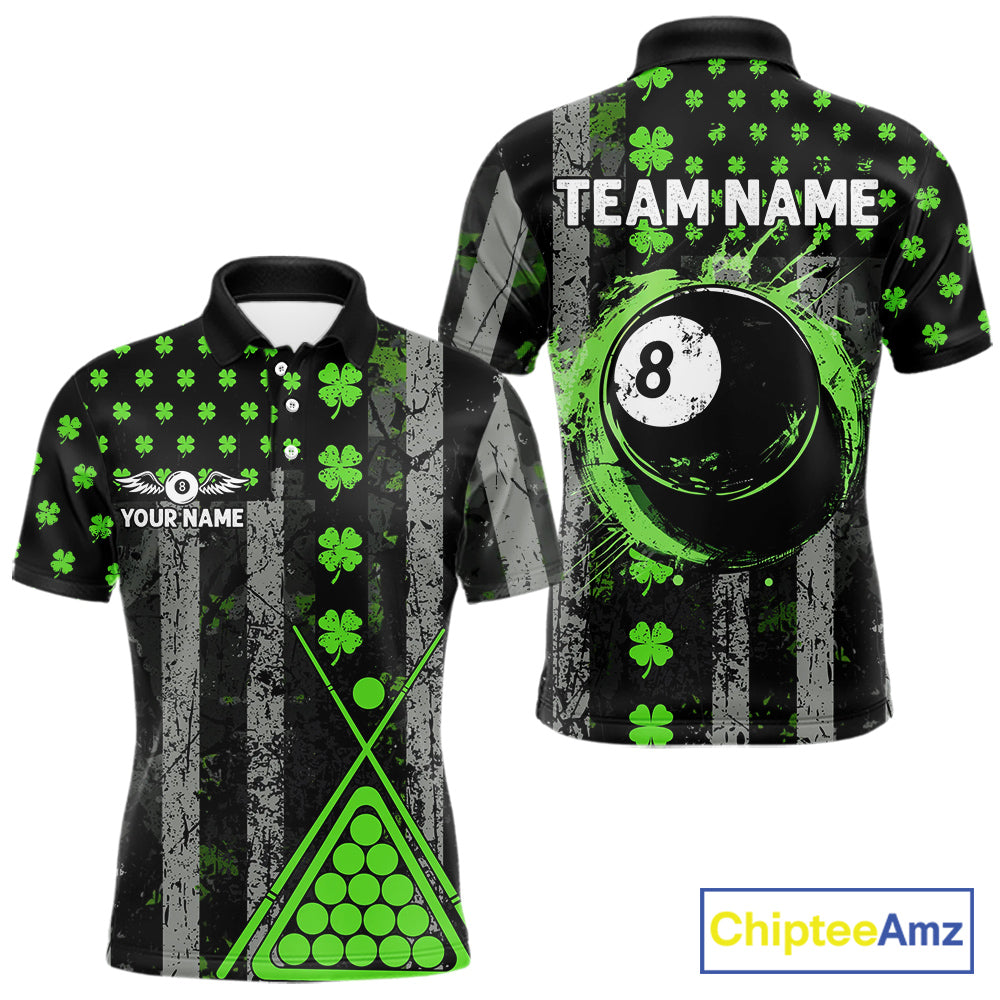 Green Grunge US Flag Luckiest Shamrock Billiard Shirt For Men Custom St Patrick Day Pool Jersey TDM5710