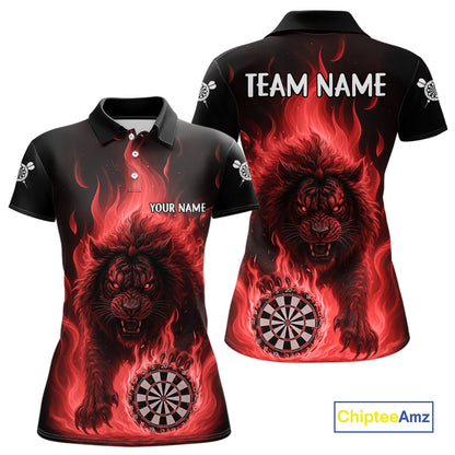 Red Flaming Lion Darts Shirts For Women Custom Fire Darts League Jersey Team Polo & 1/4 Zip TDM6065