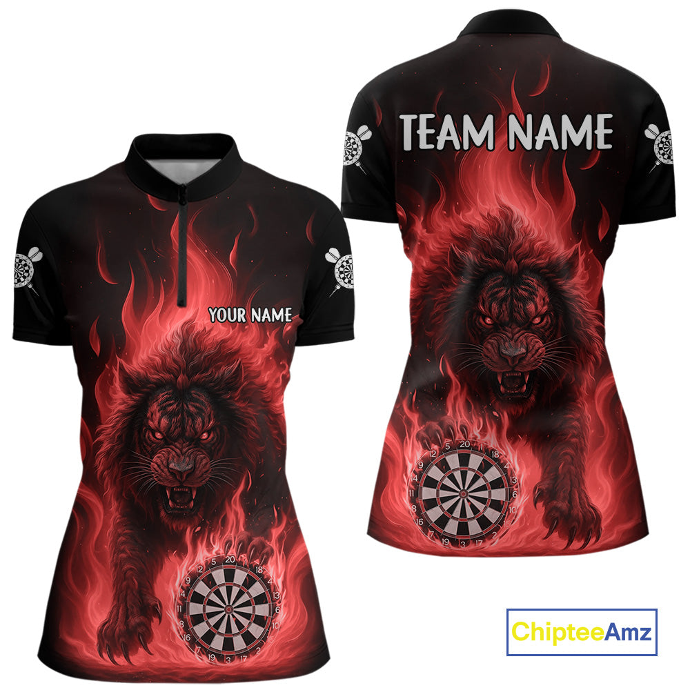 Red Flaming Lion Darts Shirts For Women Custom Fire Darts League Jersey Team Polo & 1/4 Zip TDM6065