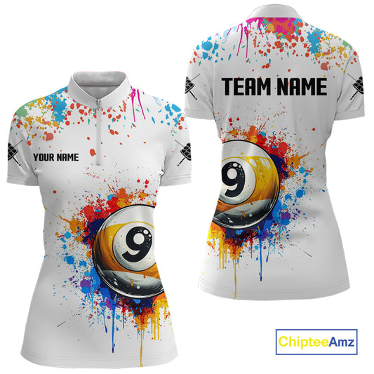 Funny 9 Ball Pool Colorful Paint Splash Custom Billiard Shirt For Women, Billiard Team Jersey|White TDM3977
