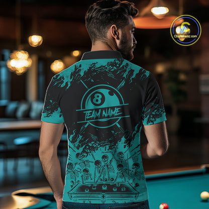 Black And Teal Funny Skeleton Billiard Shirts For Men Custom 8 Ball Pool Billiard Team Jersey TDM7232