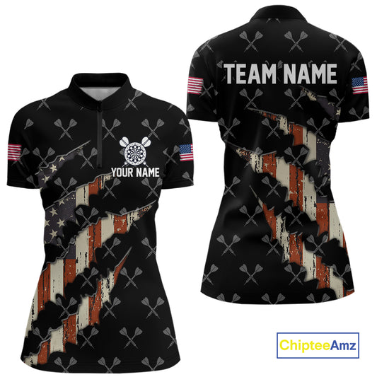 Vintage American Flag Darts Polo & Quarter Zip Custom Darts Shirt For Women, Patriotic Darts Jersey TDM4999