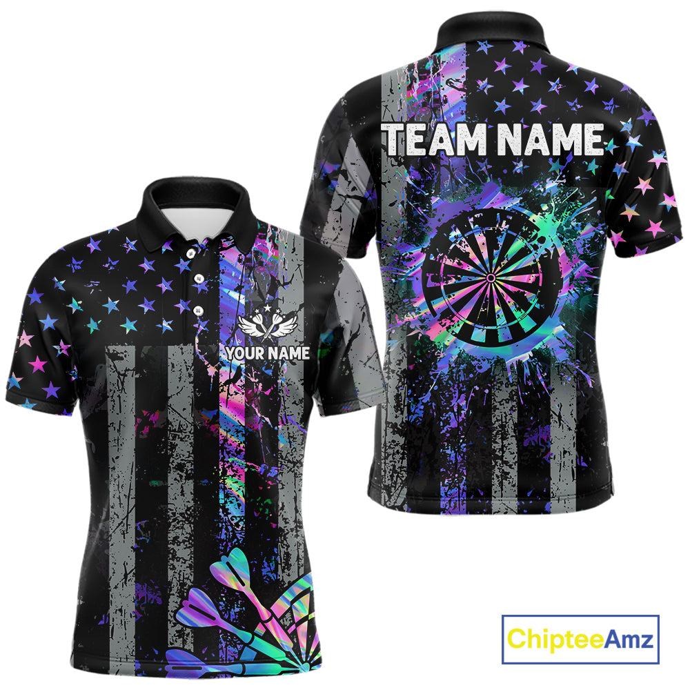 Custom Holographic Grunge US Flag Darts Shirt For Men, Patriotic Darts Team Jerseys Polo & 1/4 Zip TDM5455