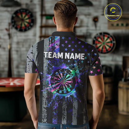 Custom Holographic Grunge US Flag Darts Shirt For Men, Patriotic Darts Team Jerseys Polo & 1/4 Zip TDM5455