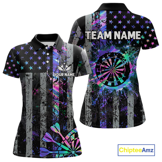 Custom Holographic Grunge US Flag Darts Shirt For Women, Patriotic Darts Team Jerseys Polo & 1/4 Zip TDM5455