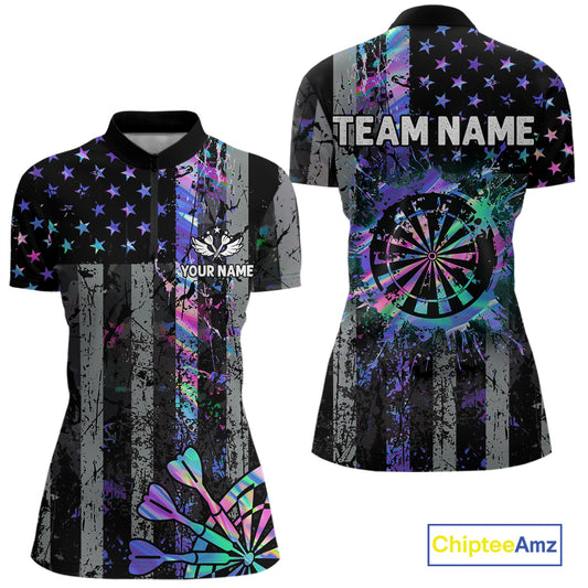 Custom Holographic Grunge US Flag Darts Shirt For Women, Patriotic Darts Team Jerseys Polo & 1/4 Zip TDM5455