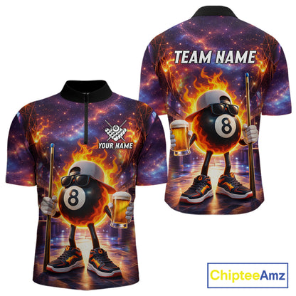 Flame 8 Ball Billiard Shirt For Men Custom Funny Pool Shirt, Billiard Team Jersey Polo & 1/4 Zip TDM5714