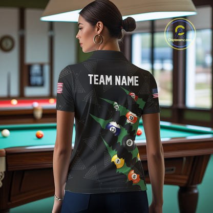 Personalized Scratch Black 8 Ball Billiard Shirt For Women, Pool Team Jersey Polo 1/4 Zip |Green TDM6070