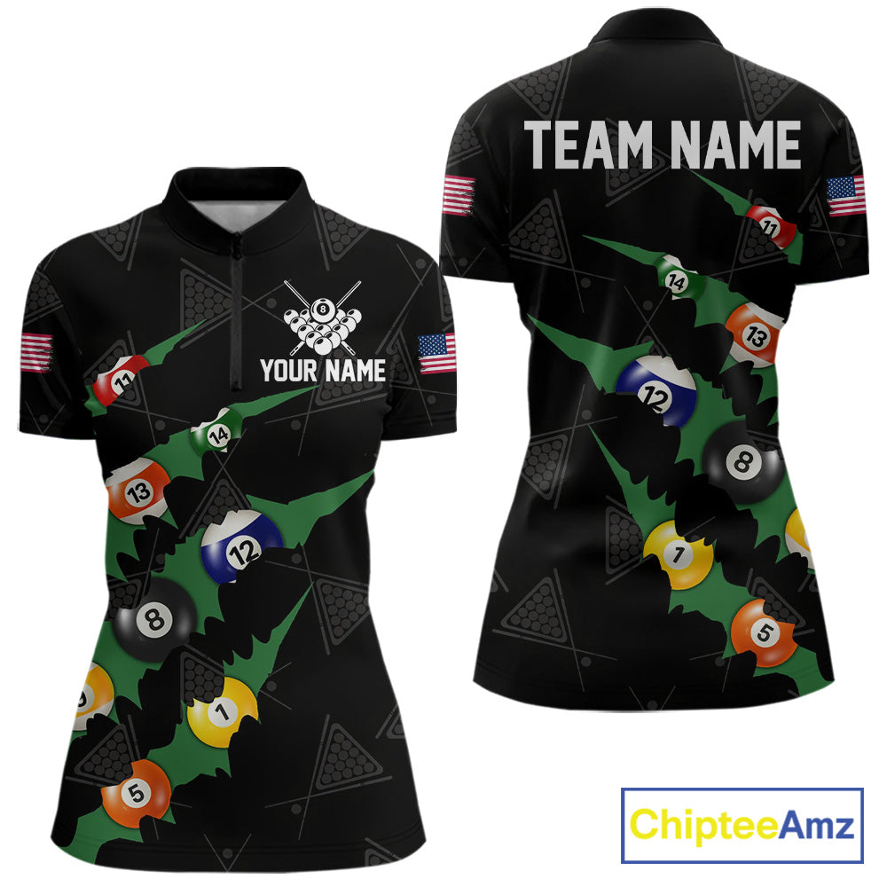 Personalized Scratch Black 8 Ball Billiard Shirt For Women, Pool Team Jersey Polo 1/4 Zip |Green TDM6070