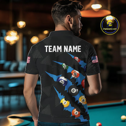 Personalized Scratch Black 8 Ball Billiard Shirt For Men, Pool Team Jersey Polo 1/4 Zip |Blue TDM6071