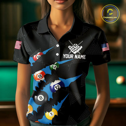 Personalized Scratch Black 8 Ball Billiard Shirt For Women, Pool Team Jersey Polo 1/4 Zip |Blue TDM6071