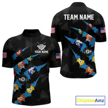 Load image into Gallery viewer, Personalized Scratch Black 8 Ball Billiard Shirt For Men, Pool Team Jersey Polo 1/4 Zip |Blue TDM6071