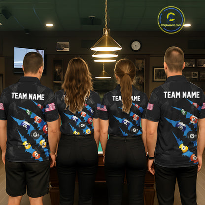 Personalized Scratch Black 8 Ball Billiard Shirt For Women, Pool Team Jersey Polo 1/4 Zip |Blue TDM6071