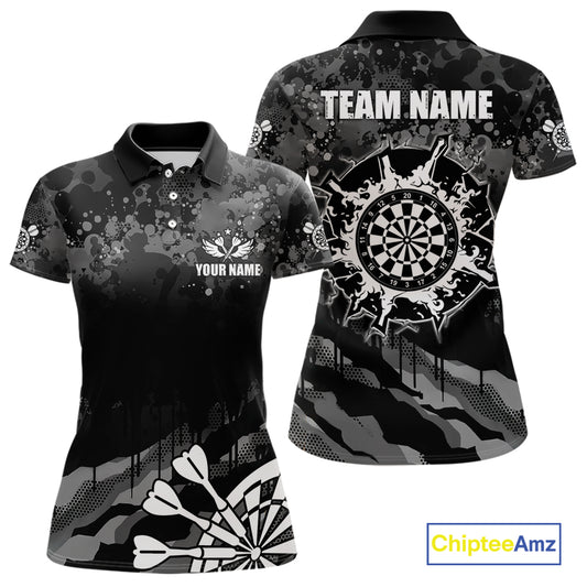 Black Grey Grunge Camo Darts Shirt For Women Custom Darts Jersey Team Polo & 1/4 Zip, Darts Uniform TDM6322