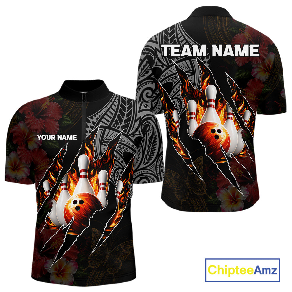 Personalized Hibiscus Flower Flame Bowling Shirt For Men, Tribal Bowling Team Jersey Polo, 1/4 Zip TDM6501
