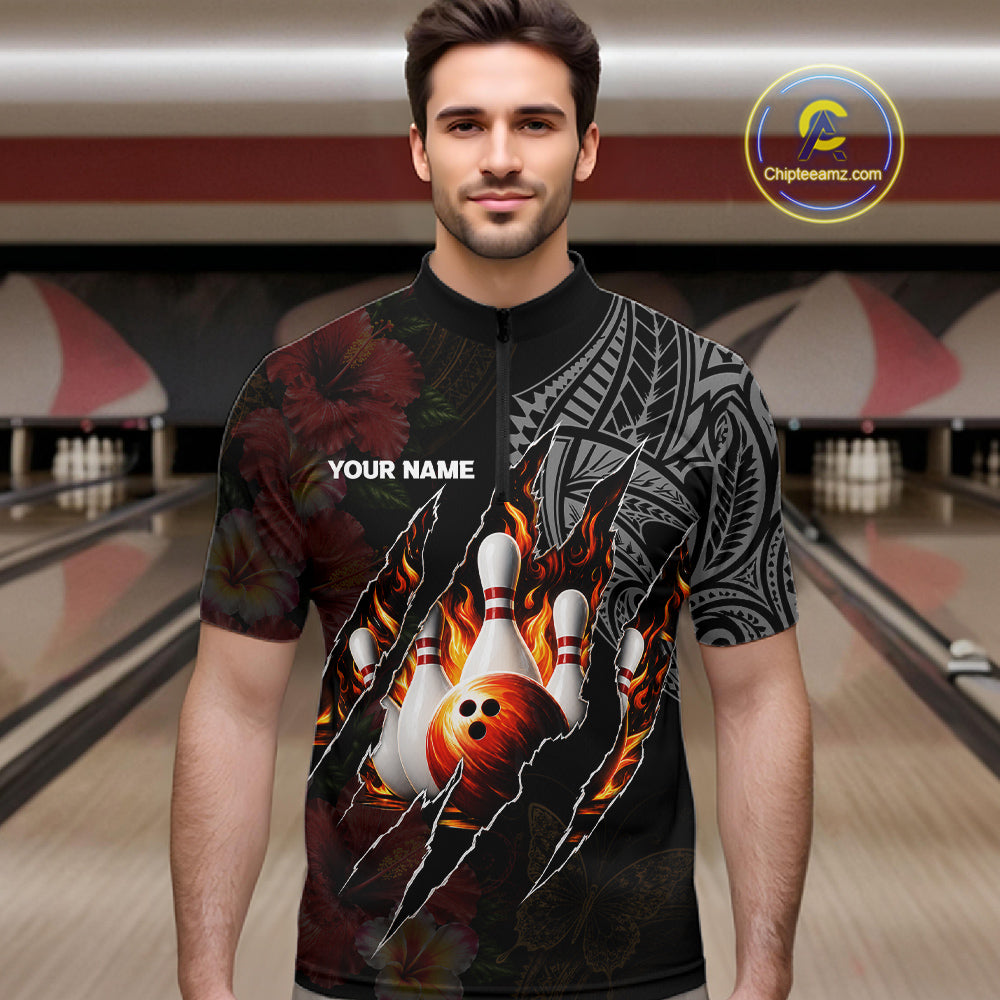Personalized Hibiscus Flower Flame Bowling Shirt For Men, Tribal Bowling Team Jersey Polo, 1/4 Zip TDM6501