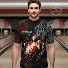 Load image into Gallery viewer, Personalized Hibiscus Flower Flame Bowling Shirt For Men, Tribal Bowling Team Jersey Polo, 1/4 Zip TDM6501