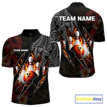 Load image into Gallery viewer, Personalized Hibiscus Flower Flame Bowling Shirt For Men, Tribal Bowling Team Jersey Polo, 1/4 Zip TDM6501