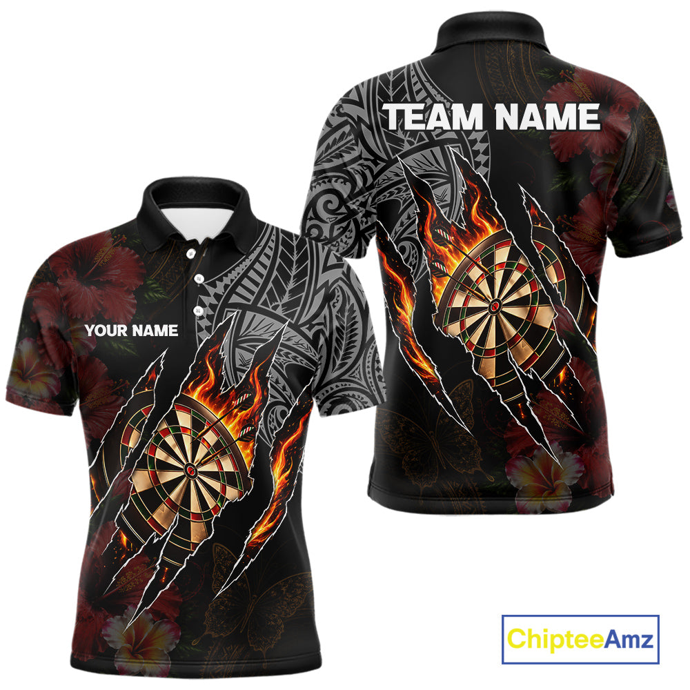 Personalized Hibiscus Flower Flame Darts Shirt For Men, Tribal Darts Team Jersey Polo & 1/4 Zip TDM6502