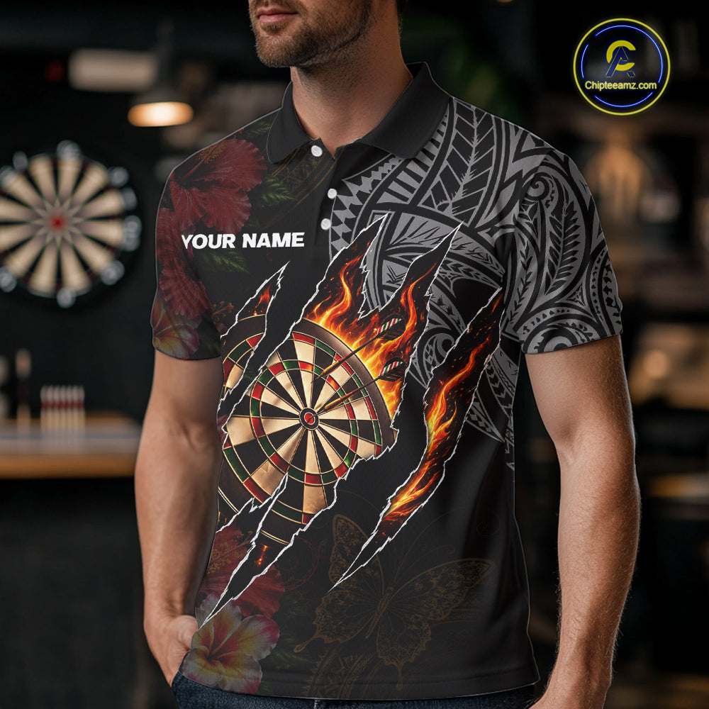 Personalized Hibiscus Flower Flame Darts Shirt For Men, Tribal Darts Team Jersey Polo & 1/4 Zip TDM6502