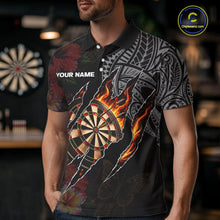 Load image into Gallery viewer, Personalized Hibiscus Flower Flame Darts Shirt For Men, Tribal Darts Team Jersey Polo &amp; 1/4 Zip TDM6502