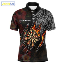 Load image into Gallery viewer, Personalized Hibiscus Flower Flame Darts Shirt For Men, Tribal Darts Team Jersey Polo &amp; 1/4 Zip TDM6502