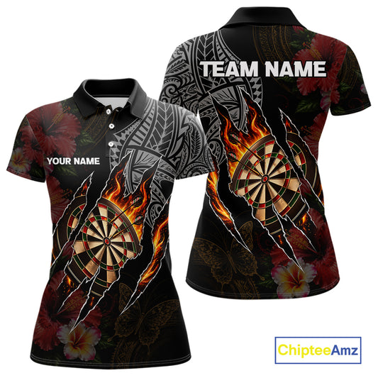 Personalized Hibiscus Flower Flame Darts Shirt For Women, Tribal Darts Team Jersey Polo & 1/4 Zip TDM6502