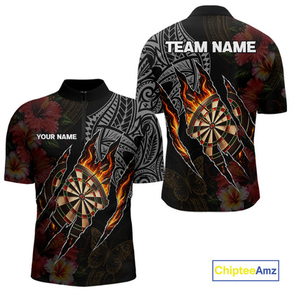 Personalized Hibiscus Flower Flame Darts Shirt For Men, Tribal Darts Team Jersey Polo & 1/4 Zip TDM6502