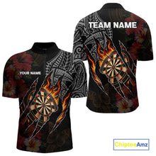 Load image into Gallery viewer, Personalized Hibiscus Flower Flame Darts Shirt For Men, Tribal Darts Team Jersey Polo &amp; 1/4 Zip TDM6502