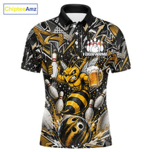 Load image into Gallery viewer, Yellow funny bee graffiti bowling team jersey polo shirt for men featuring colorful graffiti bee artwork, premium custom bowling league apparel for tournaments, league nights and competitive bowling teams.