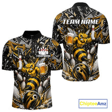 Load image into Gallery viewer, Yellow funny bee graffiti bowling team jersey quarter zip shirt for men featuring vibrant graffiti bee graphics, premium custom bowling league apparel for tournament and league competition.