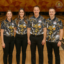 Load image into Gallery viewer, Bowling team wearing matching yellow funny bee graffiti bowling team jerseys featuring vibrant graffiti bee graphics, front view.