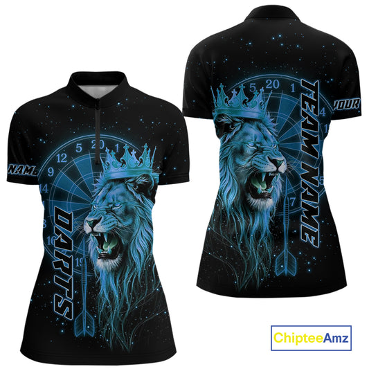 Black And Blue Funny Lion Crown Darts Shirt For Women Custom Darts League Jersey Polo & 1/4 Zip TDM5001