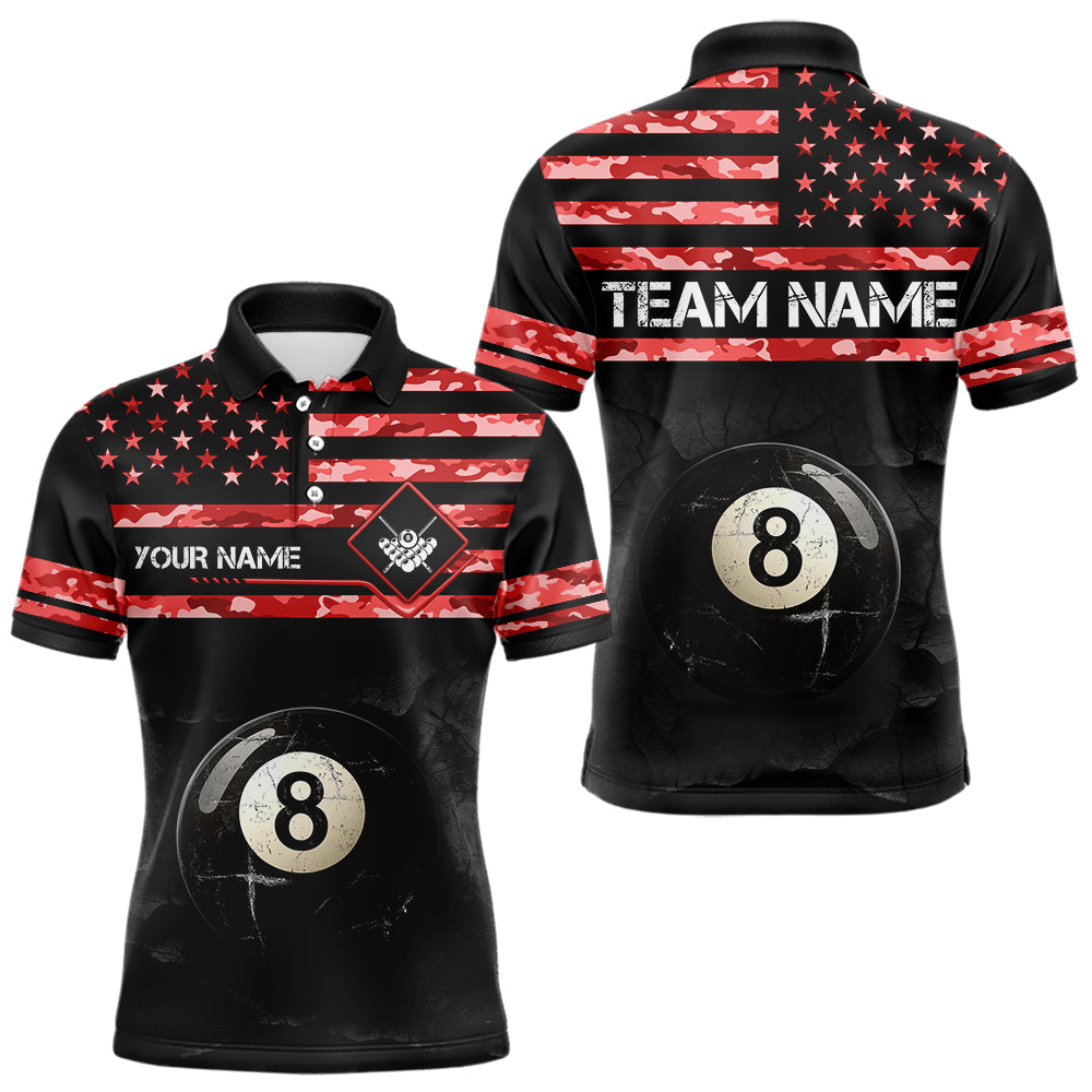 Customized Retro 8 Ball Pool Red Camo US Flag Billiard Shirts For Men, Patriotic Billiard Jerseys TDM3568
