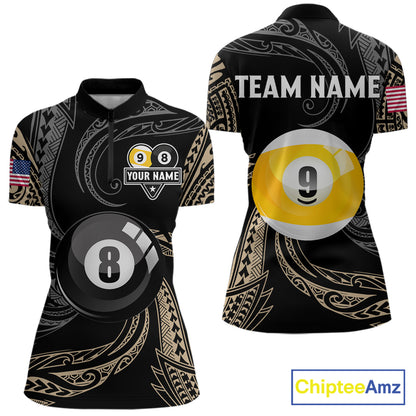 Personalized 8 Ball 9 Ball Tribal Billiard Shirt For Women Custom Pool Team Jersey Polo & 1/4 Zip TDM6335