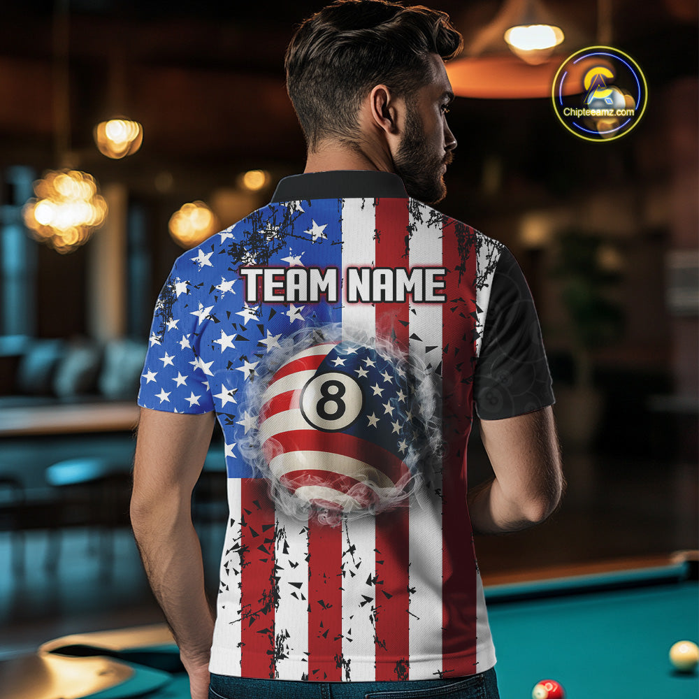 American Flag 8 Ball Smoke Billiard Shirts For Men Custom Patriotic Pool Team Jerseys TDM3997