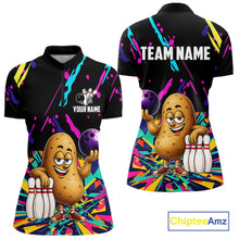 Load image into Gallery viewer, Colorful potato bowling quarter zip shirt for women designed for league tournaments and team events.