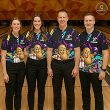 Load image into Gallery viewer, Bowling team wearing matching colorful potato bowling jerseys during tournament matches front view.
