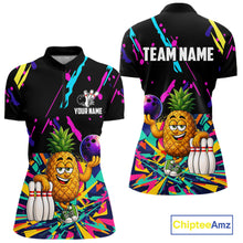 Load image into Gallery viewer, Colorful pineapple bowling quarter zip shirt for women designed for league tournaments and team events.