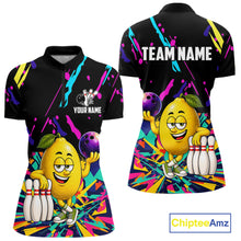 Load image into Gallery viewer, Colorful lemon bowling quarter zip shirt for women designed for league tournaments and team events.