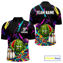 Load image into Gallery viewer, Colorful watermelon bowling quarter zip shirt for men designed for league tournaments and team events.