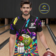 Load image into Gallery viewer, Man wearing a colorful coconut bowling polo shirt at a bowling alley front view.