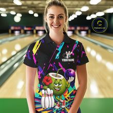 Load image into Gallery viewer, Woman wearing a colorful coconut bowling polo shirt at a bowling alley front view.